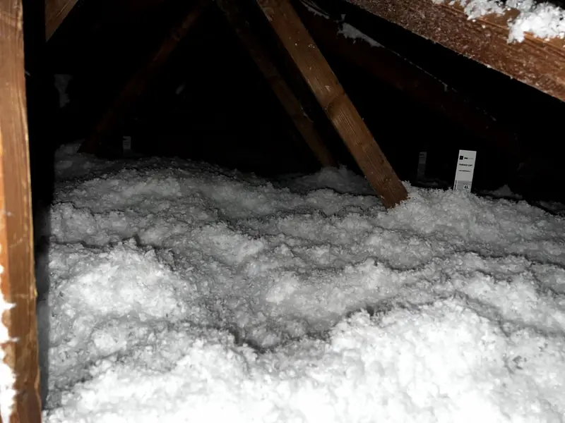 Couche régulière d'isolant soufflé sous la charpente d'une maison