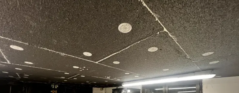 Plafond d'un garage entièrement couvert de panneaux isolants chevillés
